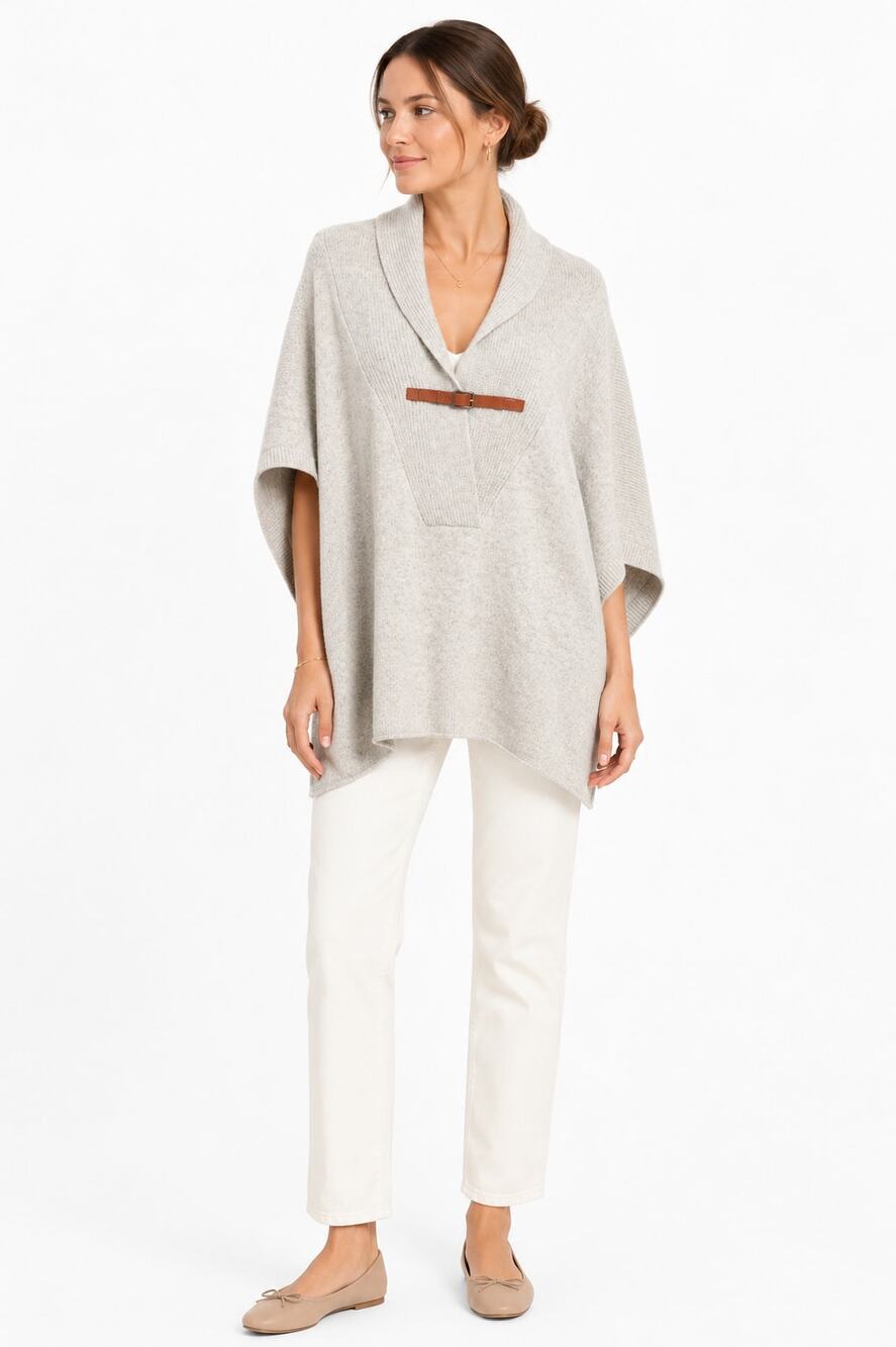 Blossom Cashmere 100% Cashmere Shawl Collar Poncho Cape Sweater Beige M/L